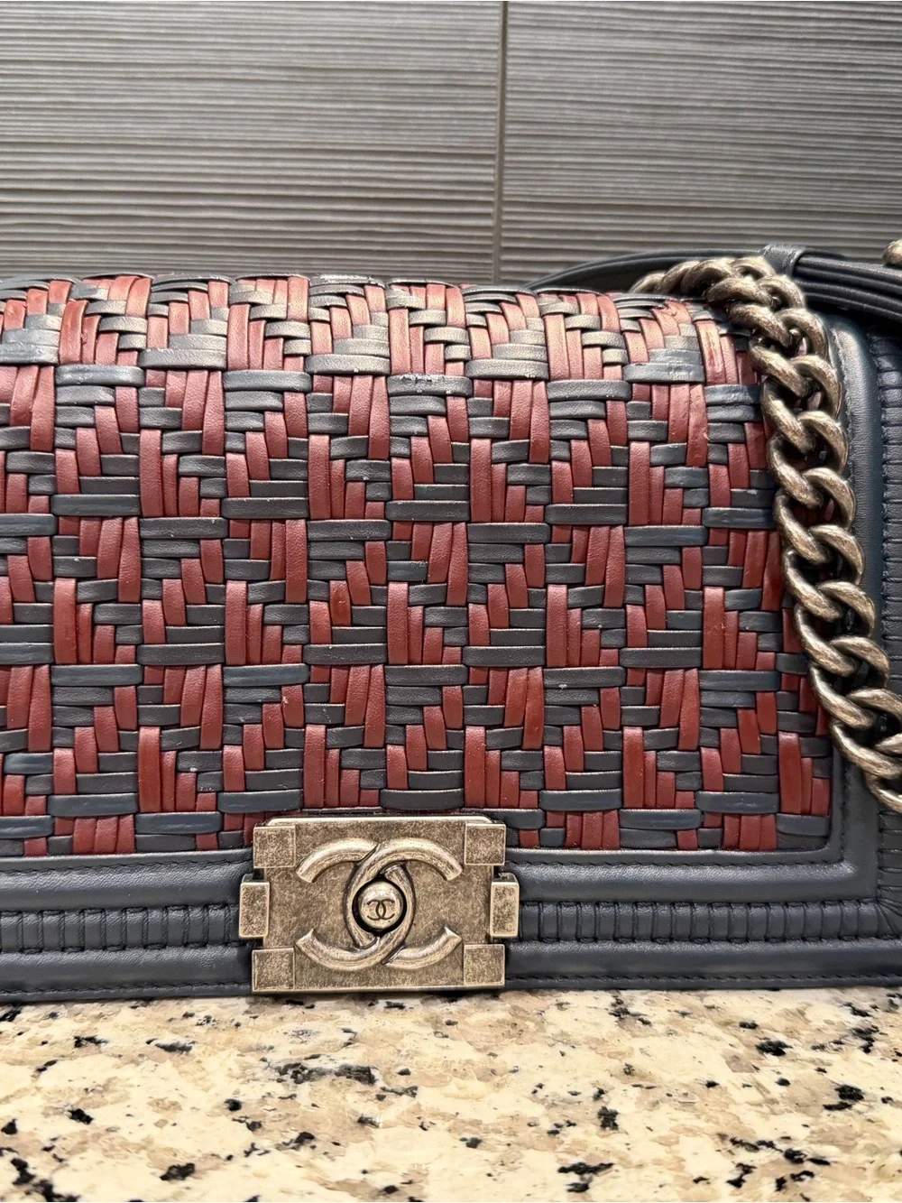 CHANEL Woven Two-Tone Leather Shoulder Bag - Navy Blue & Burgundy